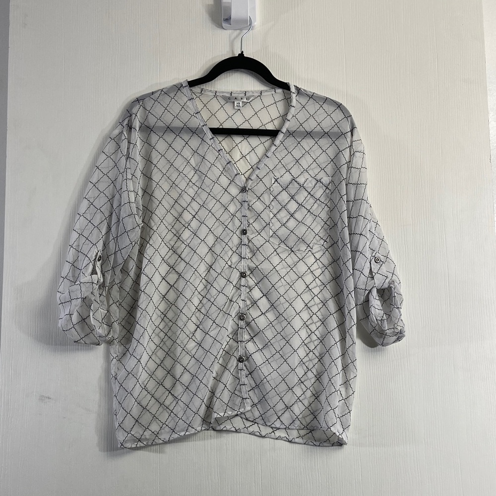 CAbi White and Black Grid Pattern Blouse